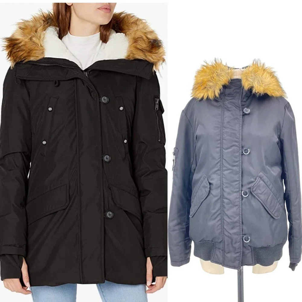 S13 Alps Parka Faux Fur Trim Down Hooded‎ Puffer Coat Black Size Medium
